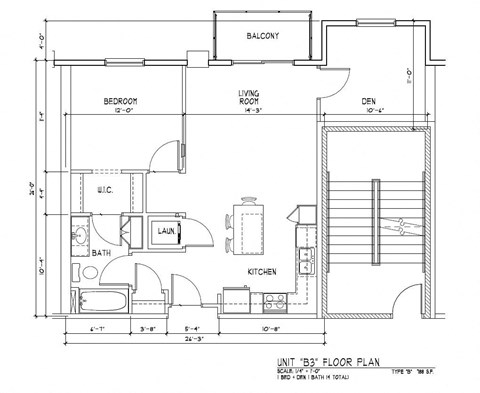 A black and white image of a "B3" floor plan for a residential unit, showing the layout of the bedroom, living room, kitchen, bath, and laundry areas.